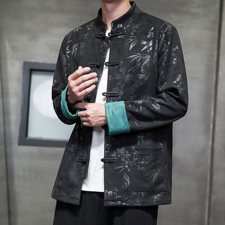 Buddha Stones Vêtements du Nouvel An chinois Fleurs Bambou Couleur unie Manchette Bouton de grenouille Costume Tang Coton Veste Homme Chemise Avec Poches - image 31