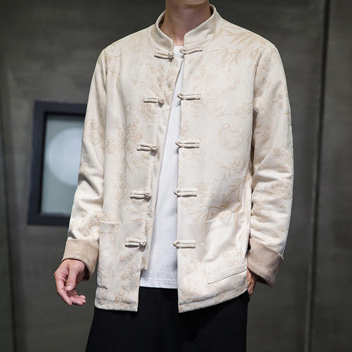 Buddha Stones Vêtements du Nouvel An chinois Fleurs Bambou Couleur unie Manchette Bouton de grenouille Costume Tang Coton Veste Homme Chemise Avec Poches - image 46