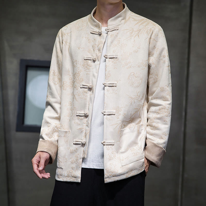 Buddha Stones Vêtements du Nouvel An chinois Fleurs Bambou Couleur unie Manchette Bouton de grenouille Costume Tang Coton Veste Homme Chemise Avec Poches - image 46