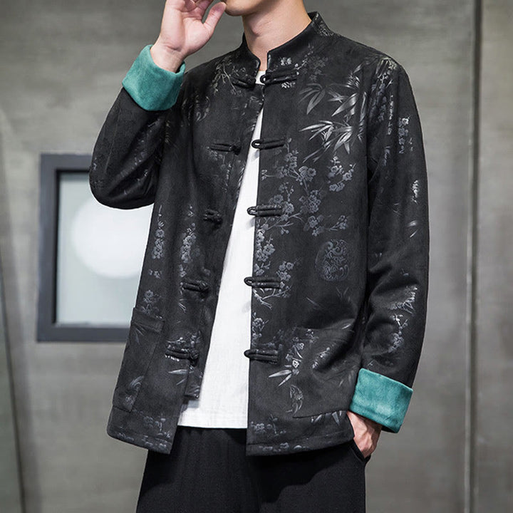 Buddha Stones Vêtements du Nouvel An chinois Fleurs Bambou Couleur unie Manchette Bouton de grenouille Costume Tang Coton Veste Homme Chemise Avec Poches - image 29