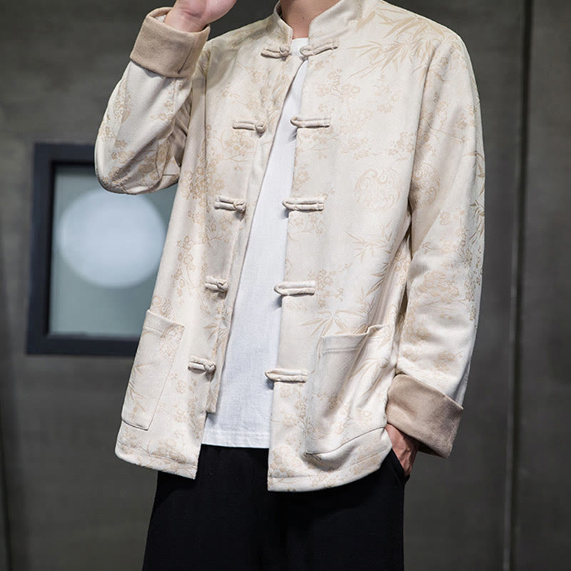 Buddha Stones Vêtements du Nouvel An chinois Fleurs Bambou Couleur unie Manchette Bouton de grenouille Costume Tang Coton Veste Homme Chemise Avec Poches - image 49