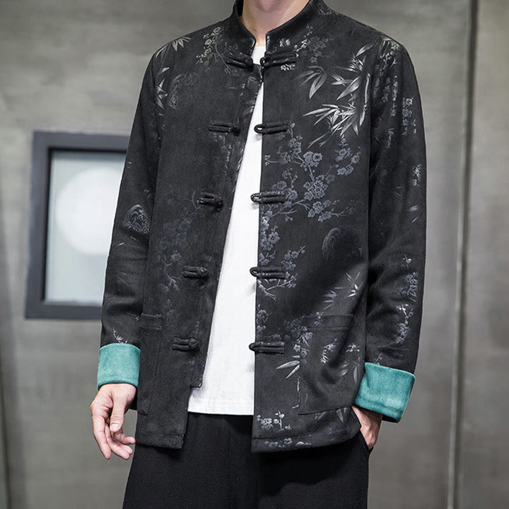 Buddha Stones Vêtements du Nouvel An chinois Fleurs Bambou Couleur unie Manchette Bouton de grenouille Costume Tang Coton Veste Homme Chemise Avec Poches - image 30