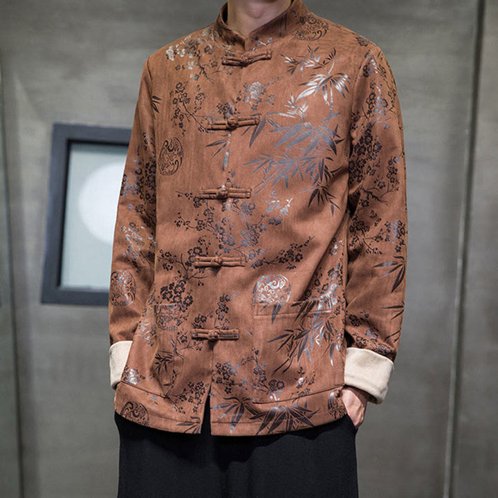 Buddha Stones Vêtements du Nouvel An chinois Fleurs Bambou Couleur unie Manchette Bouton de grenouille Costume Tang Coton Veste Homme Chemise Avec Poches - SaddleBrown - US/UK/AU46，EU56 (5XL) - image 10