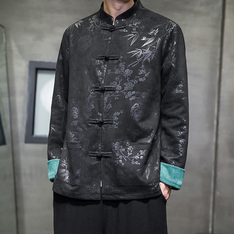 Buddha Stones Vêtements du Nouvel An chinois Fleurs Bambou Couleur unie Manchette Bouton de grenouille Costume Tang Coton Veste Homme Chemise Avec Poches - Noir - US/UK/AU46，EU56 (5XL) - image 23