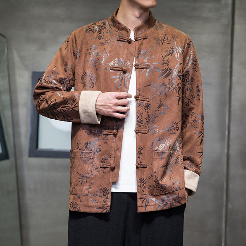 Buddha Stones Vêtements du Nouvel An chinois Fleurs Bambou Couleur unie Manchette Bouton de grenouille Costume Tang Coton Veste Homme Chemise Avec Poches - image 12