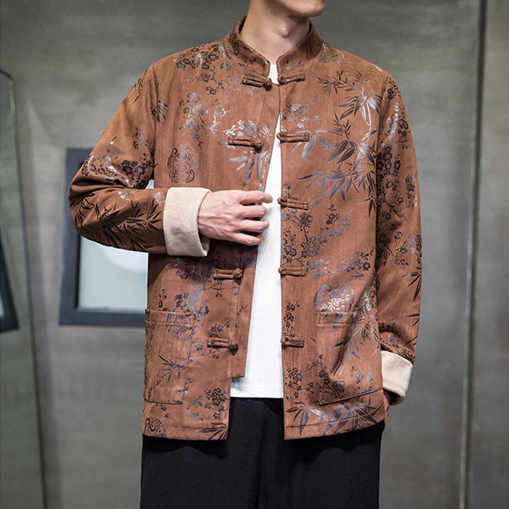 Buddha Stones Vêtements du Nouvel An chinois Fleurs Bambou Couleur unie Manchette Bouton de grenouille Costume Tang Coton Veste Homme Chemise Avec Poches - image 12