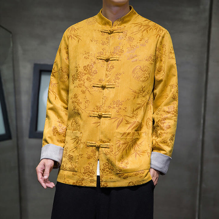 Buddha Stones Vêtements du Nouvel An chinois Fleurs Bambou Couleur unie Manchette Bouton de grenouille Costume Tang Coton Veste Homme Chemise Avec Poches - Or - US/UK/AU46，EU56 (5XL) - image 0