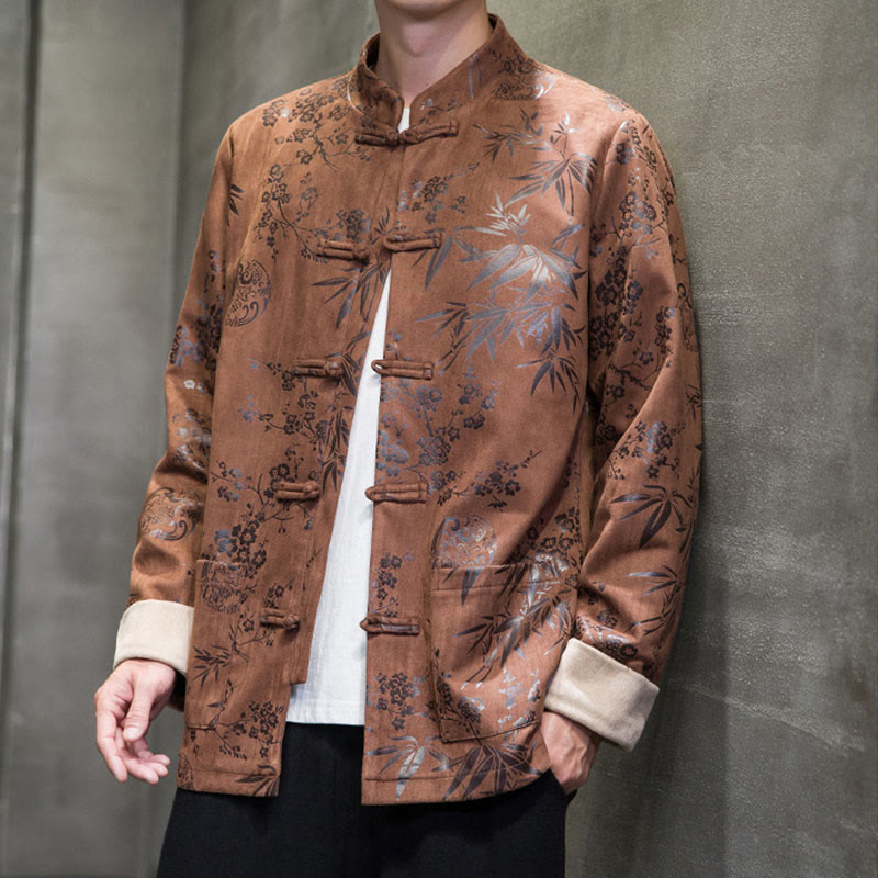 Buddha Stones Vêtements du Nouvel An chinois Fleurs Bambou Couleur unie Manchette Bouton de grenouille Costume Tang Coton Veste Homme Chemise Avec Poches - image 19