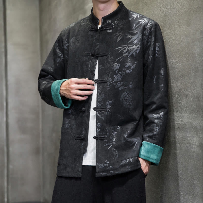 Buddha Stones Vêtements du Nouvel An chinois Fleurs Bambou Couleur unie Manchette Bouton de grenouille Costume Tang Coton Veste Homme Chemise Avec Poches - image 26