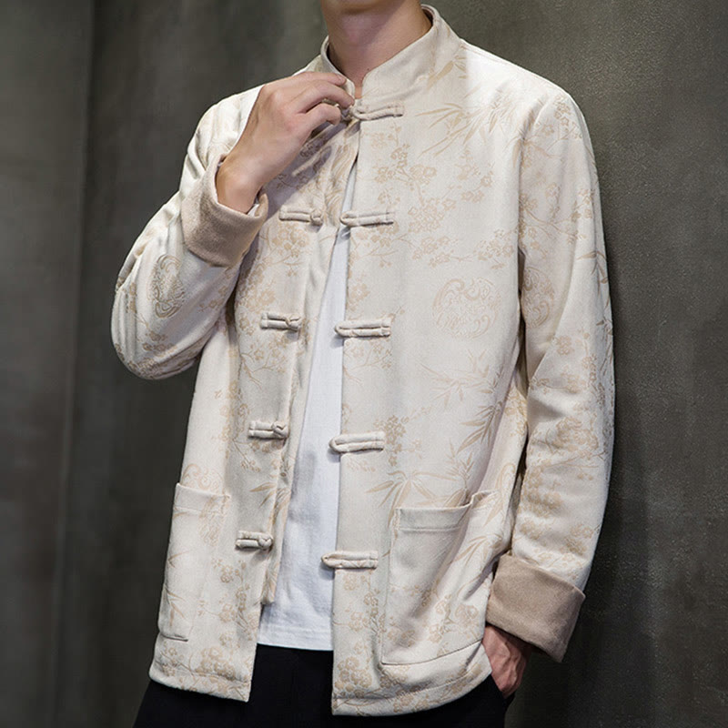 Buddha Stones Vêtements du Nouvel An chinois Fleurs Bambou Couleur unie Manchette Bouton de grenouille Costume Tang Coton Veste Homme Chemise Avec Poches - image 45