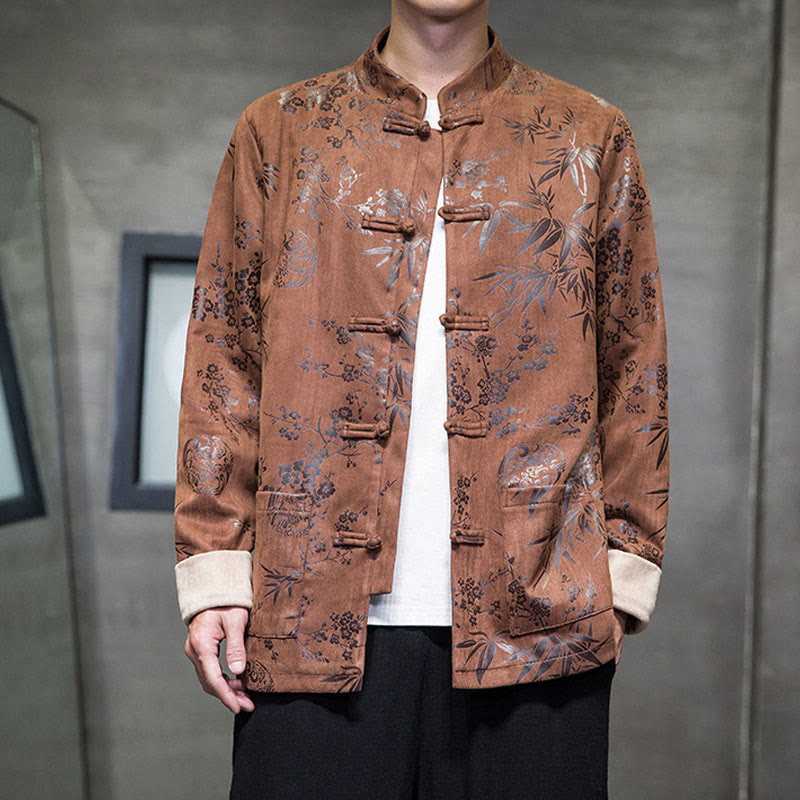 Buddha Stones Vêtements du Nouvel An chinois Fleurs Bambou Couleur unie Manchette Bouton de grenouille Costume Tang Coton Veste Homme Chemise Avec Poches - image 13