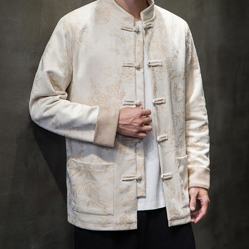 Buddha Stones Vêtements du Nouvel An chinois Fleurs Bambou Couleur unie Manchette Bouton de grenouille Costume Tang Coton Veste Homme Chemise Avec Poches - image 52