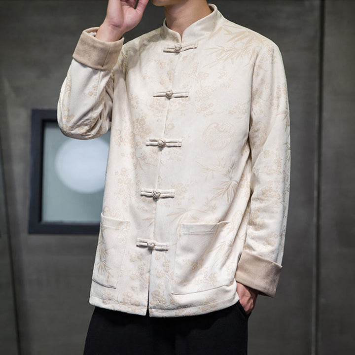 Buddha Stones Vêtements du Nouvel An chinois Fleurs Bambou Couleur unie Manchette Bouton de grenouille Costume Tang Coton Veste Homme Chemise Avec Poches - Beige - US/UK/AU46，EU56 (5XL) - image 43