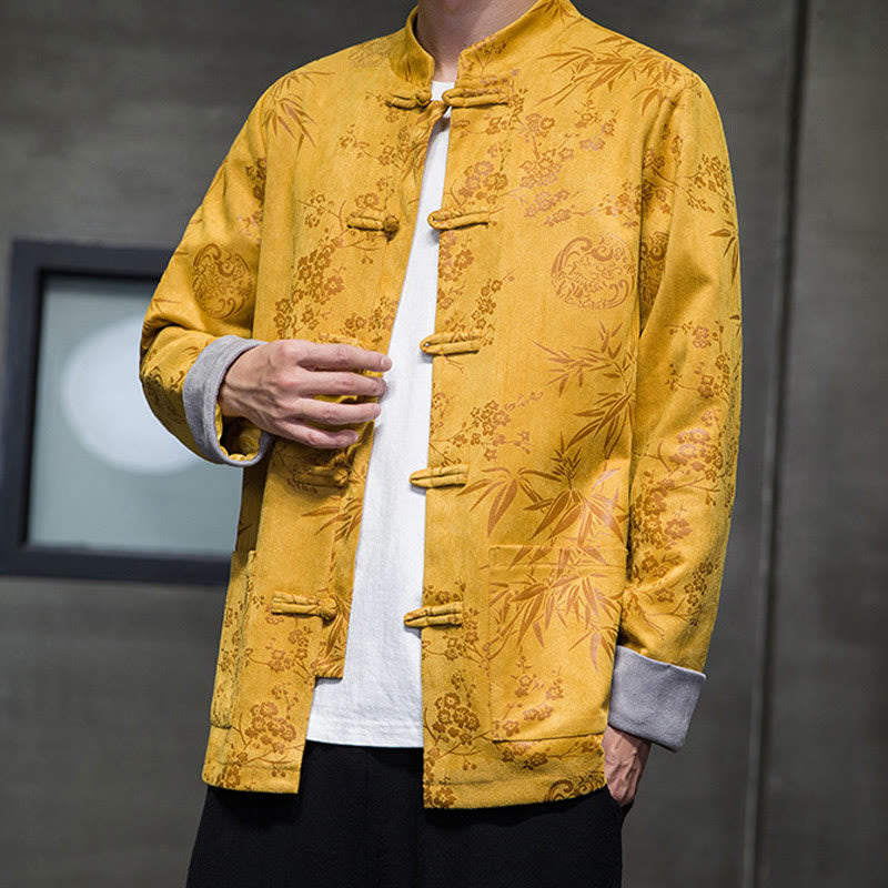 Buddha Stones Vêtements du Nouvel An chinois Fleurs Bambou Couleur unie Manchette Bouton de grenouille Costume Tang Coton Veste Homme Chemise Avec Poches - image 8