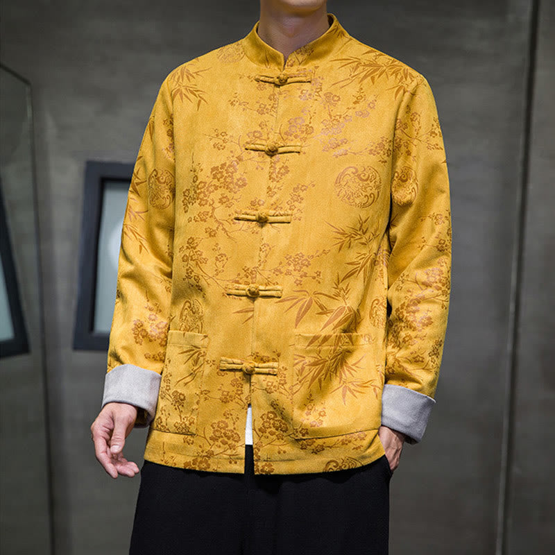 Buddha Stones Vêtements du Nouvel An chinois Fleurs Bambou Couleur unie Manchette Bouton de grenouille Costume Tang Coton Veste Homme Chemise Avec Poches - Or - US/UK/AU46，EU56 (5XL) - image 0
