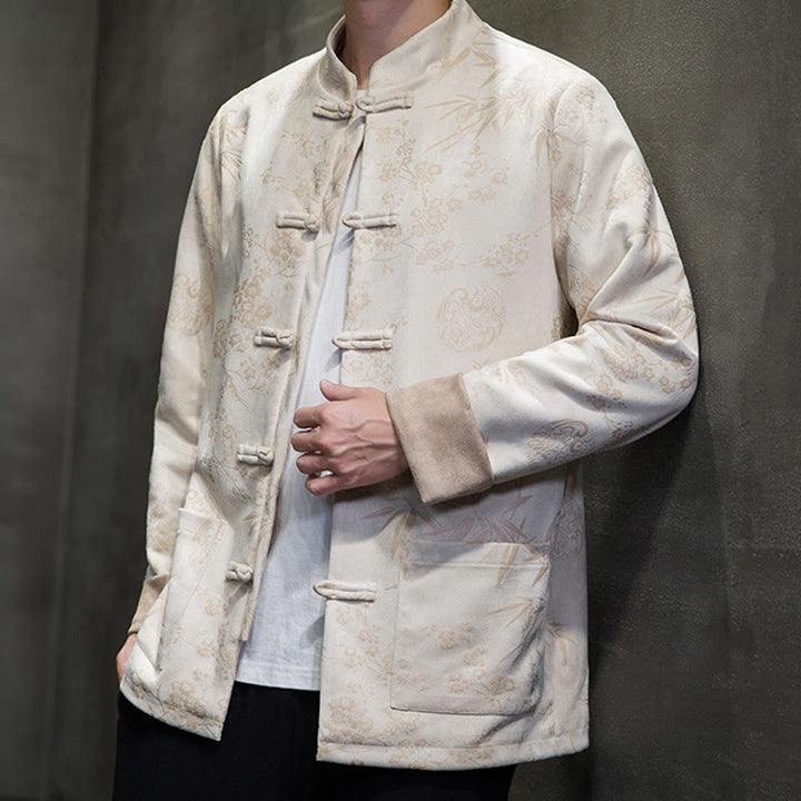 Buddha Stones Vêtements du Nouvel An chinois Fleurs Bambou Couleur unie Manchette Bouton de grenouille Costume Tang Coton Veste Homme Chemise Avec Poches - image 44