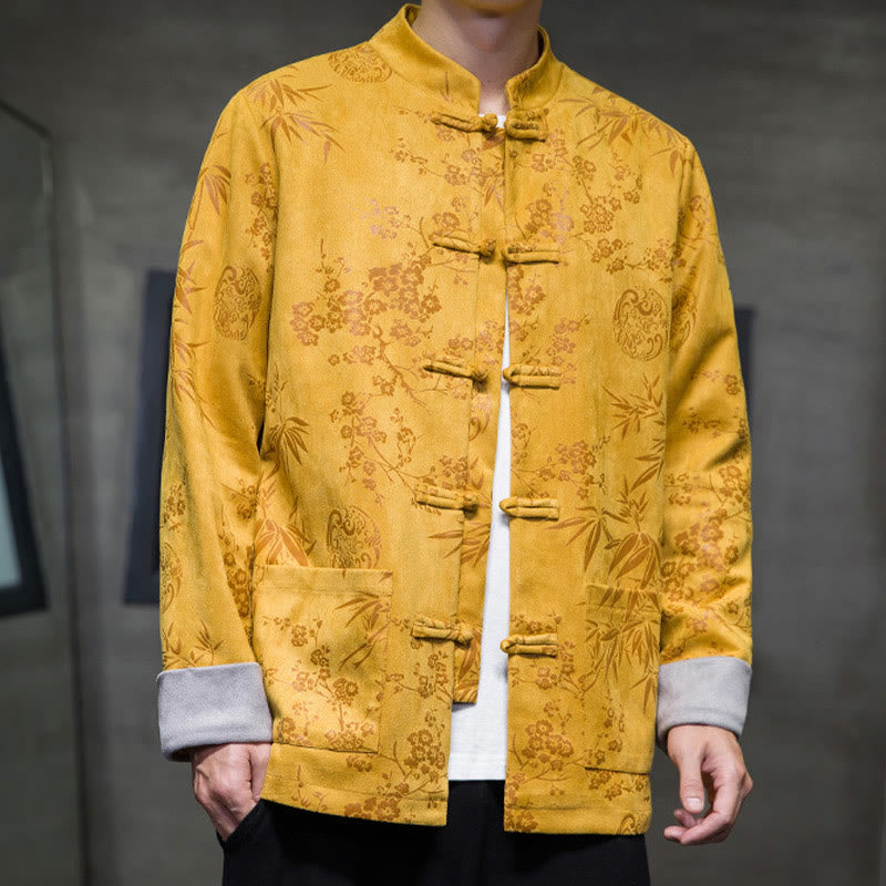 Buddha Stones Vêtements du Nouvel An chinois Fleurs Bambou Couleur unie Manchette Bouton de grenouille Costume Tang Coton Veste Homme Chemise Avec Poches - image 4