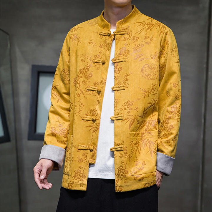 Buddha Stones Vêtements du Nouvel An chinois Fleurs Bambou Couleur unie Manchette Bouton de grenouille Costume Tang Coton Veste Homme Chemise Avec Poches - image 1