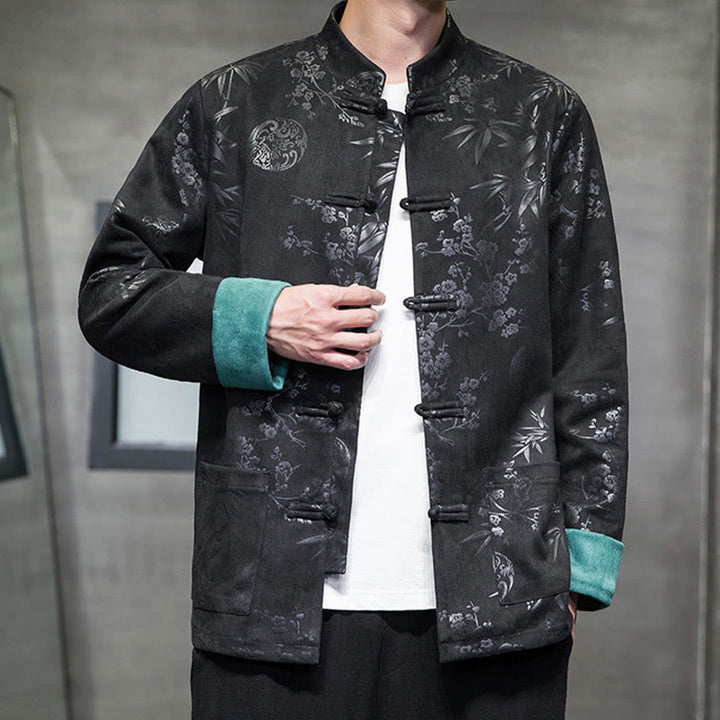 Buddha Stones Vêtements du Nouvel An chinois Fleurs Bambou Couleur unie Manchette Bouton de grenouille Costume Tang Coton Veste Homme Chemise Avec Poches - image 25