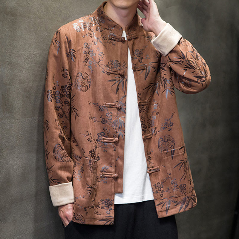 Buddha Stones Vêtements du Nouvel An chinois Fleurs Bambou Couleur unie Manchette Bouton de grenouille Costume Tang Coton Veste Homme Chemise Avec Poches - image 17