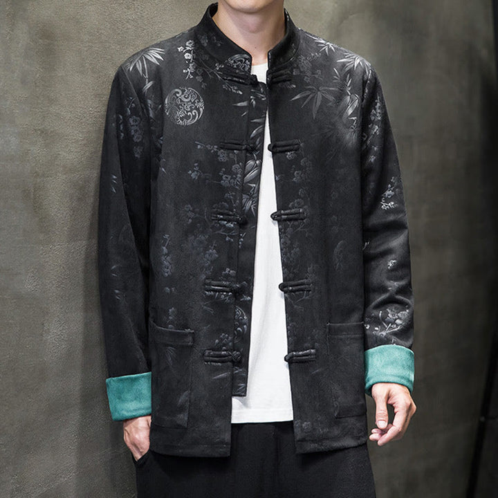 Buddha Stones Vêtements du Nouvel An chinois Fleurs Bambou Couleur unie Manchette Bouton de grenouille Costume Tang Coton Veste Homme Chemise Avec Poches - image 32