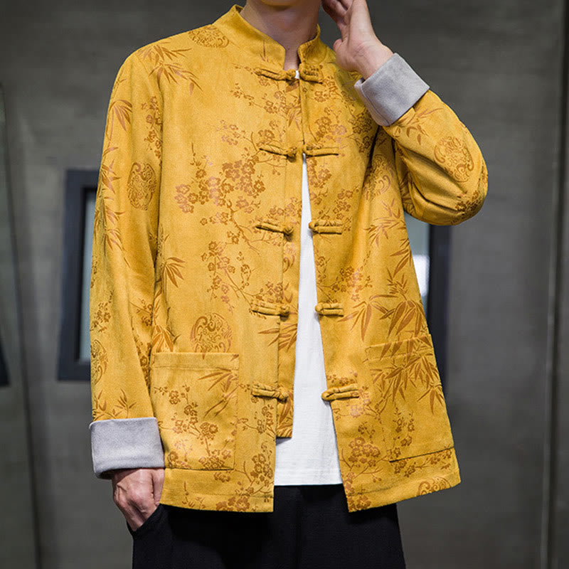 Buddha Stones Vêtements du Nouvel An chinois Fleurs Bambou Couleur unie Manchette Bouton de grenouille Costume Tang Coton Veste Homme Chemise Avec Poches - image 9