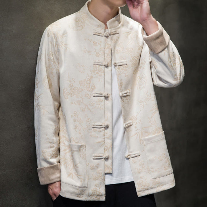 Buddha Stones Vêtements du Nouvel An chinois Fleurs Bambou Couleur unie Manchette Bouton de grenouille Costume Tang Coton Veste Homme Chemise Avec Poches - image 51