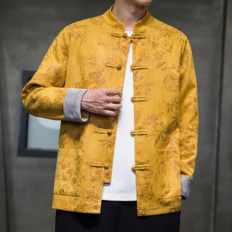 Buddha Stones Vêtements du Nouvel An chinois Fleurs Bambou Couleur unie Manchette Bouton de grenouille Costume Tang Coton Veste Homme Chemise Avec Poches - image 7