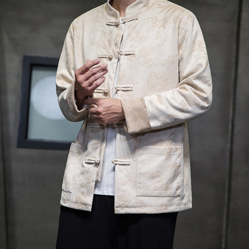 Buddha Stones Vêtements du Nouvel An chinois Fleurs Bambou Couleur unie Manchette Bouton de grenouille Costume Tang Coton Veste Homme Chemise Avec Poches - image 50