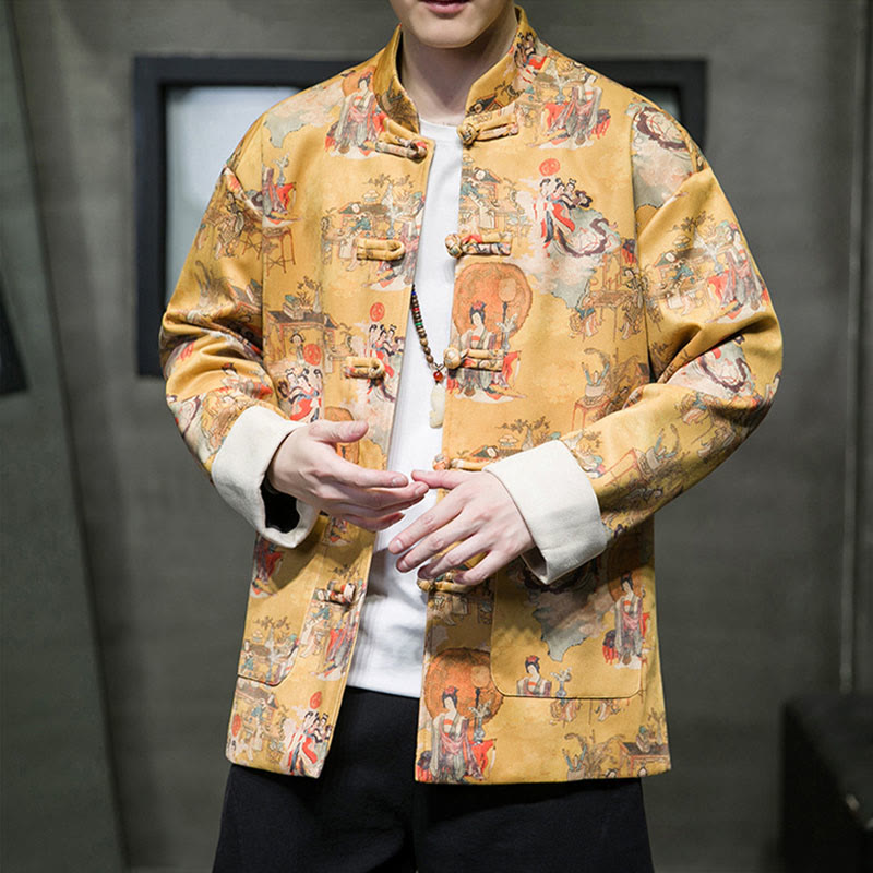 Buddha Stones Vêtements du Nouvel An chinois Peinture de figures anciennes Couleur unie Manchette Bouton de grenouille Costume Tang Veste en coton pour hommes Chemise avec poches - image 9