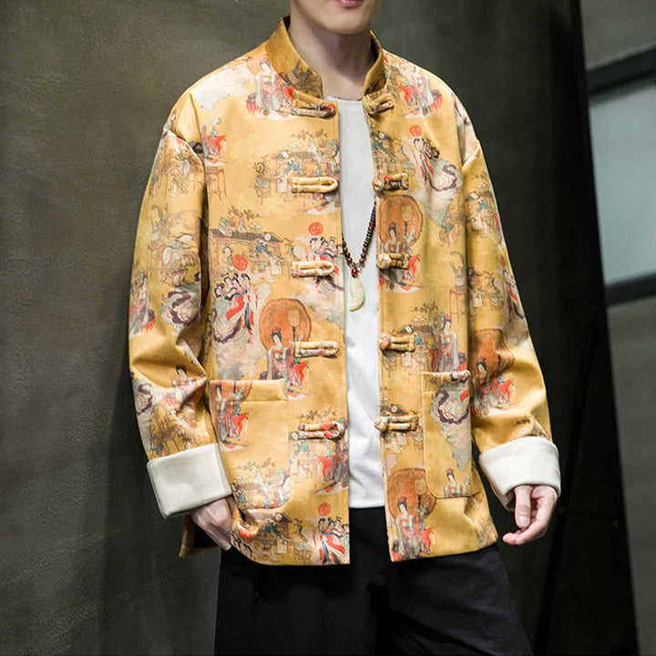 Buddha Stones Vêtements du Nouvel An chinois Peinture de figures anciennes Couleur unie Manchette Bouton de grenouille Costume Tang Veste en coton pour hommes Chemise avec poches - image 13