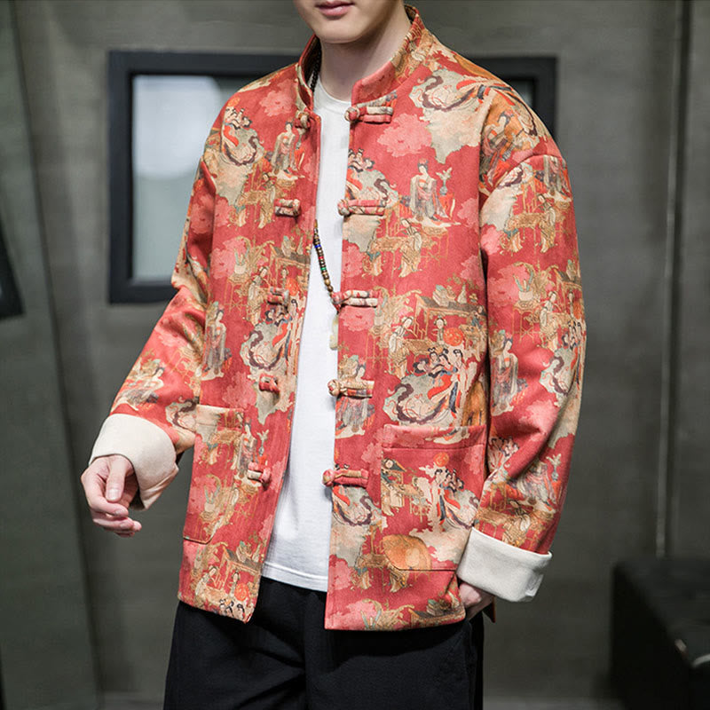 Buddha Stones Vêtements du Nouvel An chinois Peinture de figures anciennes Couleur unie Manchette Bouton de grenouille Costume Tang Veste en coton pour hommes Chemise avec poches - OrangeRouge - US/UK/AU46，EU56 (5XL) - image 0