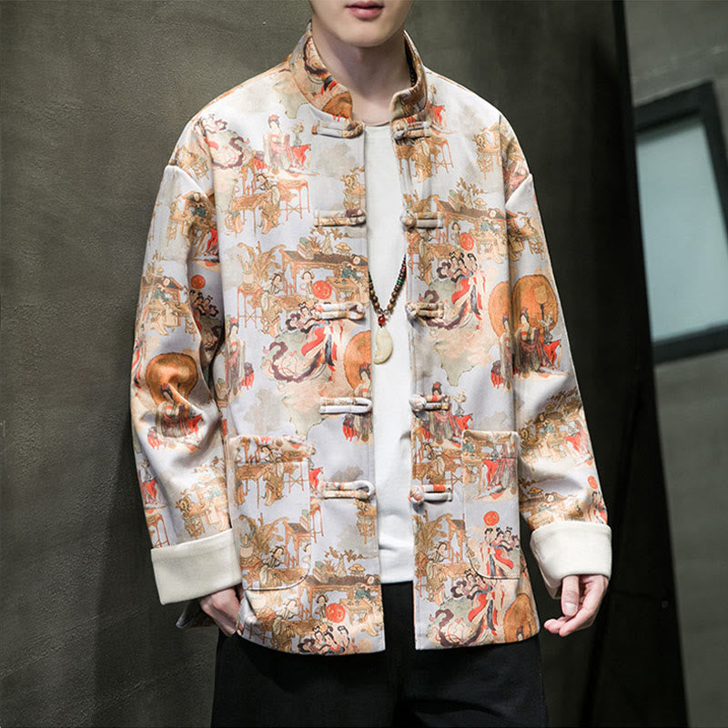 Buddha Stones Vêtements du Nouvel An chinois Peinture de figures anciennes Couleur unie Manchette Bouton de grenouille Costume Tang Veste en coton pour hommes Chemise avec poches - image 18