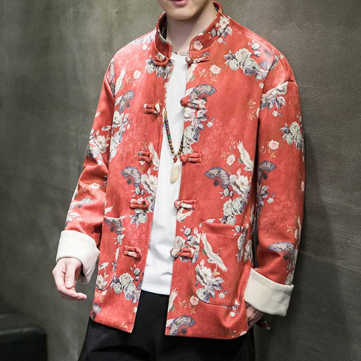 Buddha Stones Vêtements du Nouvel An chinois Fleurs Éventail Oiseaux Grenouille-bouton Costume Tang Coton Veste Homme Chemise Avec Poches - image 3