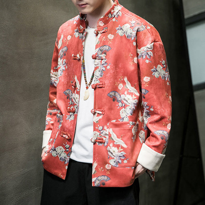Buddha Stones Vêtements du Nouvel An chinois Fleurs Éventail Oiseaux Grenouille-bouton Costume Tang Coton Veste Homme Chemise Avec Poches - image 5