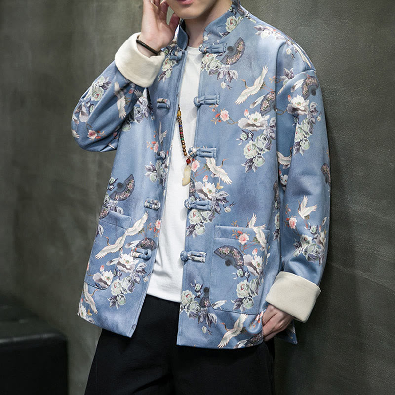 Buddha Stones Vêtements du Nouvel An chinois Fleurs Éventail Oiseaux Grenouille-bouton Costume Tang Coton Veste Homme Chemise Avec Poches - image 11