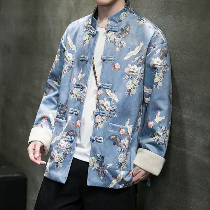 Buddha Stones Vêtements du Nouvel An chinois Fleurs Éventail Oiseaux Grenouille-bouton Costume Tang Coton Veste Homme Chemise Avec Poches - image 14