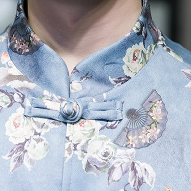 Buddha Stones Vêtements du Nouvel An chinois Fleurs Éventail Oiseaux Grenouille-bouton Costume Tang Coton Veste Homme Chemise Avec Poches - image 16