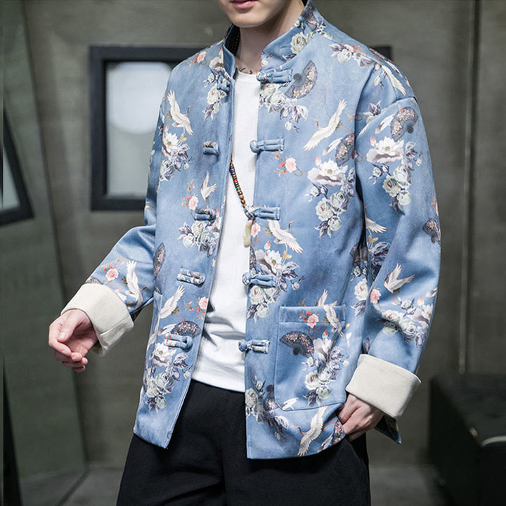 Buddha Stones Vêtements du Nouvel An chinois Fleurs Éventail Oiseaux Grenouille-bouton Costume Tang Coton Veste Homme Chemise Avec Poches - image 15