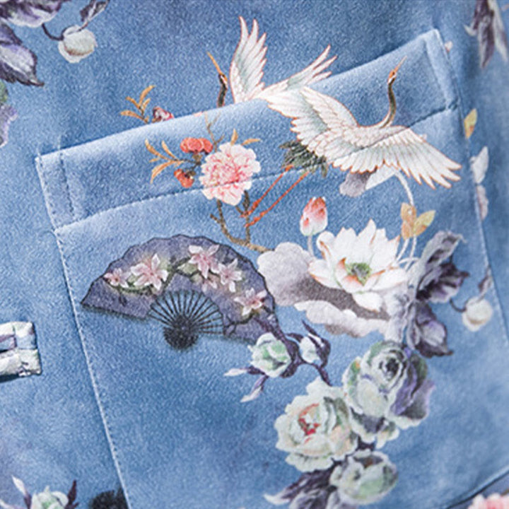 Buddha Stones Vêtements du Nouvel An chinois Fleurs Éventail Oiseaux Grenouille-bouton Costume Tang Coton Veste Homme Chemise Avec Poches - image 17