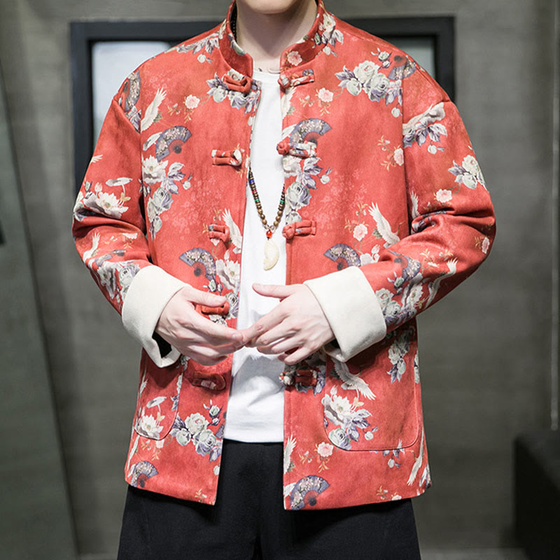 Buddha Stones Vêtements du Nouvel An chinois Fleurs Éventail Oiseaux Grenouille-bouton Costume Tang Coton Veste Homme Chemise Avec Poches - image 2