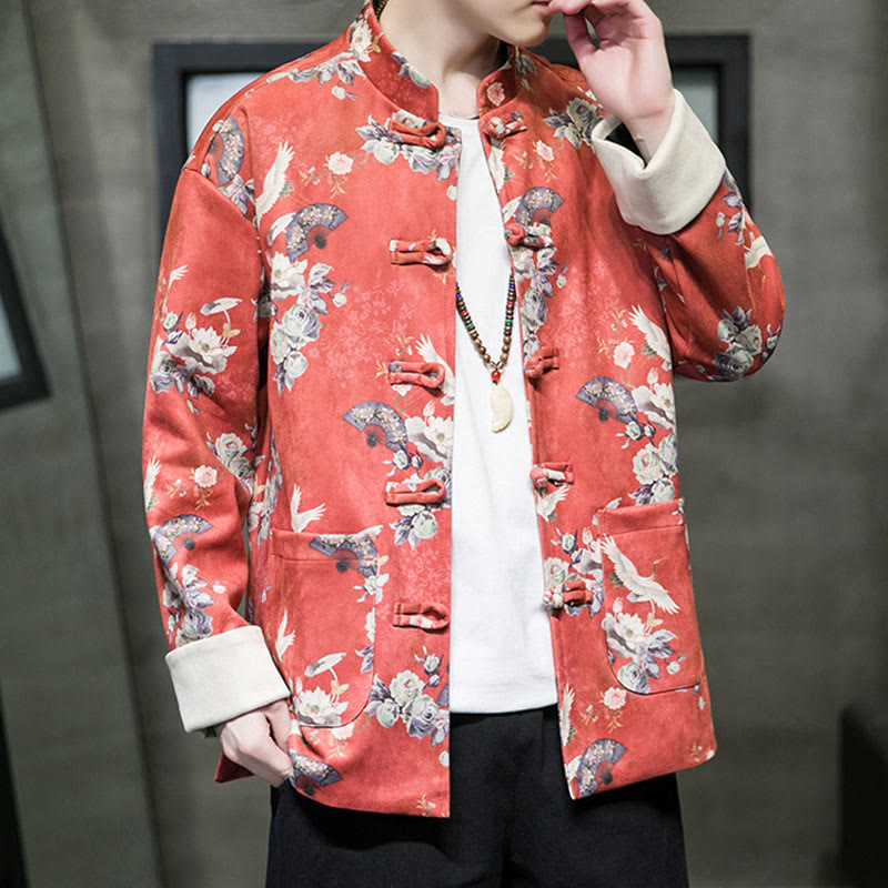 Buddha Stones Vêtements du Nouvel An chinois Fleurs Éventail Oiseaux Grenouille-bouton Costume Tang Coton Veste Homme Chemise Avec Poches - image 7