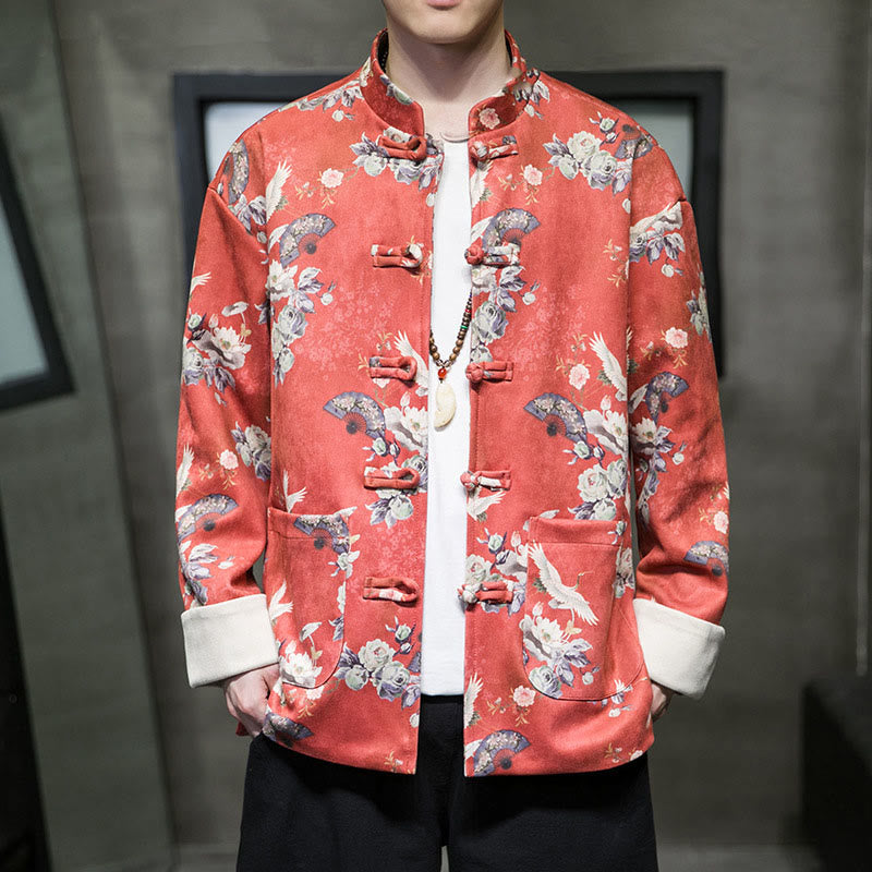 Buddha Stones Vêtements du Nouvel An chinois Fleurs Éventail Oiseaux Grenouille-bouton Costume Tang Coton Veste Homme Chemise Avec Poches - OrangeRouge - US/UK/AU46，EU56 (5XL) - image 0