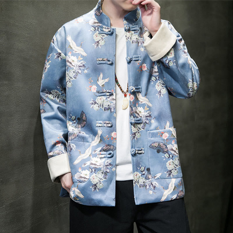 Buddha Stones Vêtements du Nouvel An chinois Fleurs Éventail Oiseaux Grenouille-bouton Costume Tang Coton Veste Homme Chemise Avec Poches - image 13