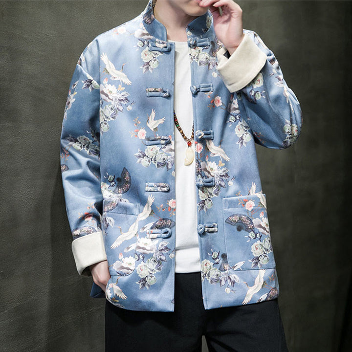 Buddha Stones Vêtements du Nouvel An chinois Fleurs Éventail Oiseaux Grenouille-bouton Costume Tang Coton Veste Homme Chemise Avec Poches - image 13
