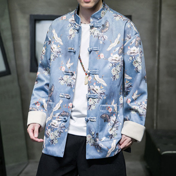 Buddha Stones Vêtements du Nouvel An chinois Fleurs Éventail Oiseaux Grenouille-bouton Costume Tang Coton Veste Homme Chemise Avec Poches - image 10