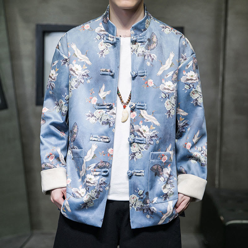 Buddha Stones Vêtements du Nouvel An chinois Fleurs Éventail Oiseaux Grenouille-bouton Costume Tang Coton Veste Homme Chemise Avec Poches - Bleu ciel clair - US/UK/AU46，EU56 (5XL) - image 8