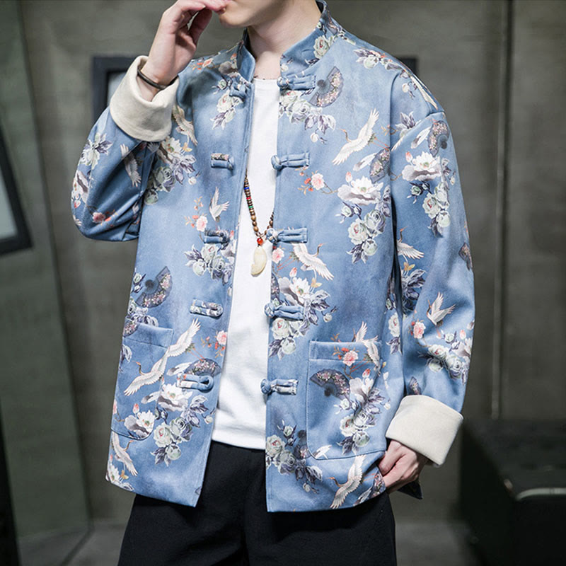 Buddha Stones Vêtements du Nouvel An chinois Fleurs Éventail Oiseaux Grenouille-bouton Costume Tang Coton Veste Homme Chemise Avec Poches - image 9