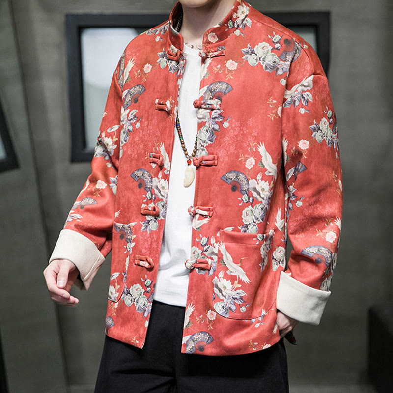 Buddha Stones Vêtements du Nouvel An chinois Fleurs Éventail Oiseaux Grenouille-bouton Costume Tang Coton Veste Homme Chemise Avec Poches - image 1