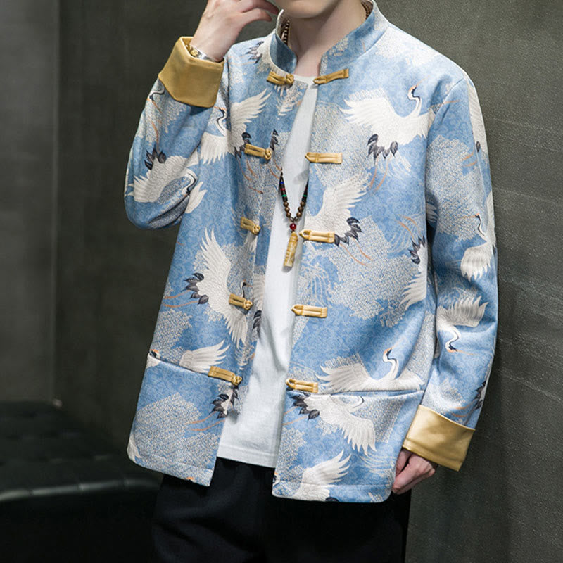Buddha Stones Vêtements du Nouvel An chinois Grue blanche Grenouille dorée Bouton Tang Costume Coton Veste Homme Chemise Avec Poches - image 4